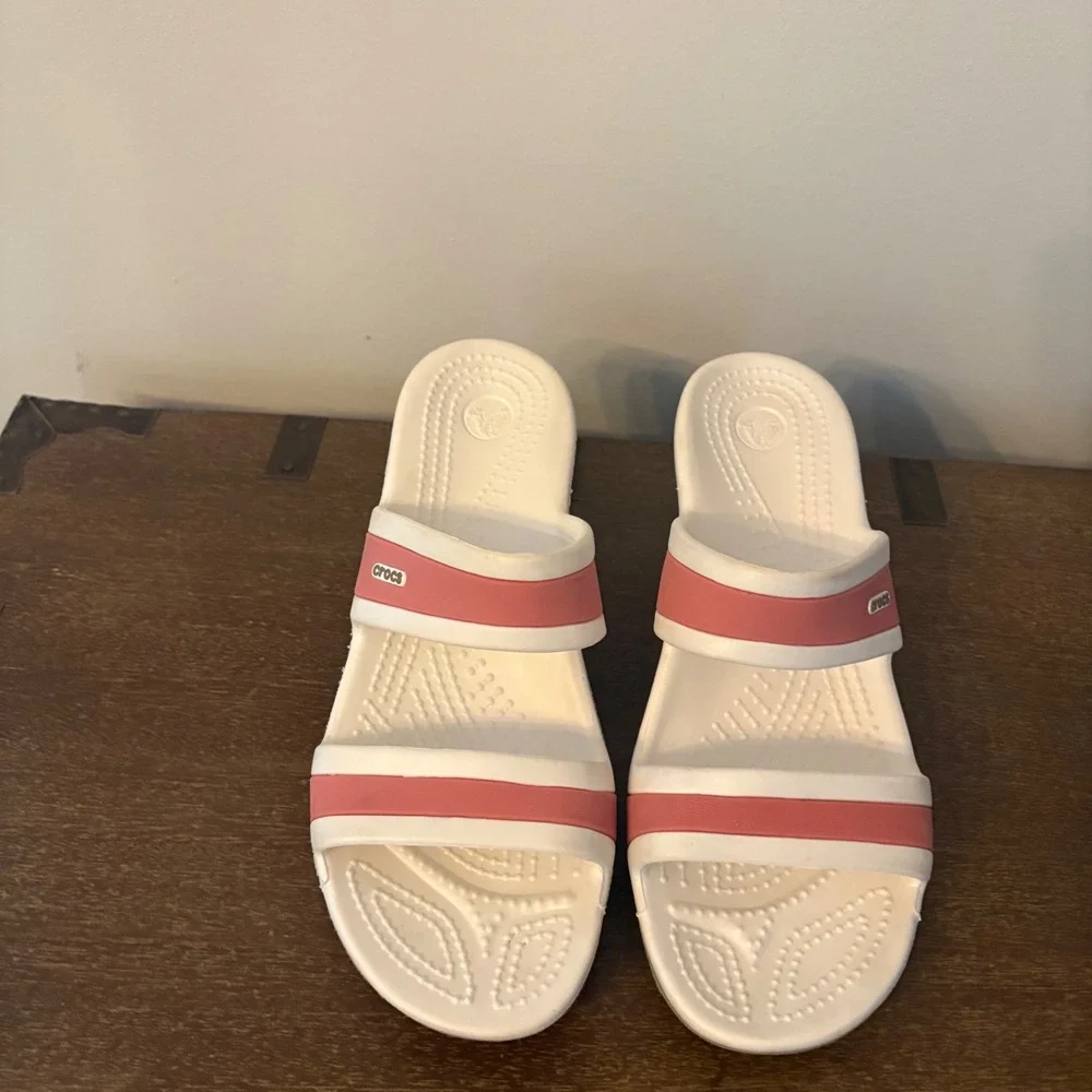 Crocs Women Shima White Pink Dual Strap Wedge Sandals Slide Shoes Size 7